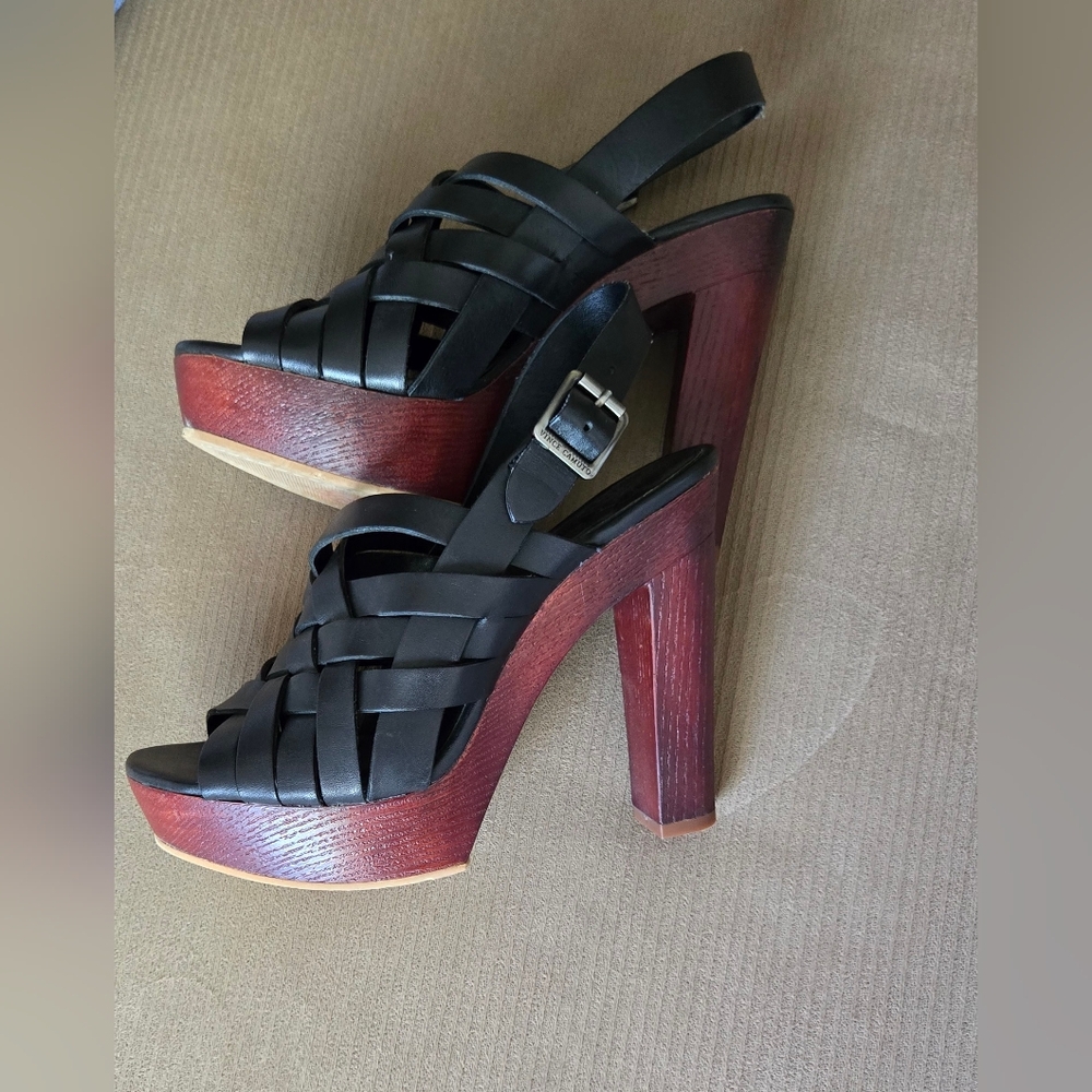 Vince Camuto Elyza, 7 1/2  Black Leather Strappy Wooden Platform Sandals Heels
